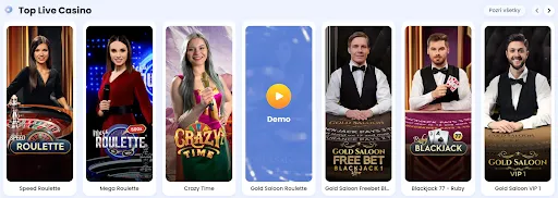 Top live casino hry – vyskúšajte ruletu a blackjack s profesionálnymi krupiérmi Najlepšie živé kasínové hry – Speed Roulette, Mega Roulette, Crazy Time, Gold Saloon Roulette, Free Bet Blackjack, Blackjack Ruby, Gold Saloon VIP